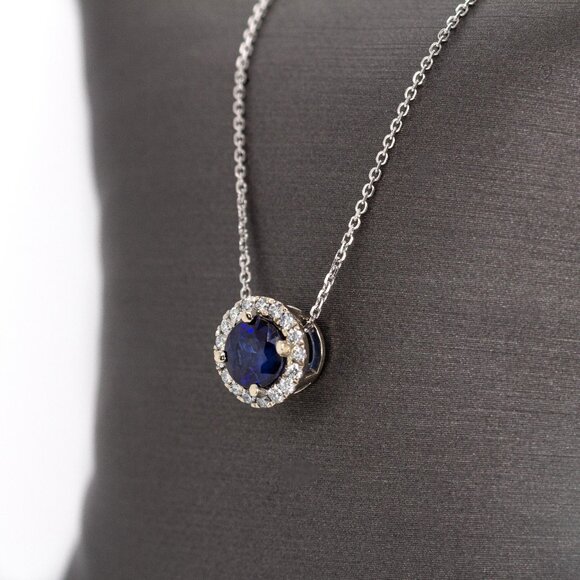 Ceylon Blue Sapphire Pendant in 14K Solid Gold with Natural Diamond Halo - Picture 5 of 8